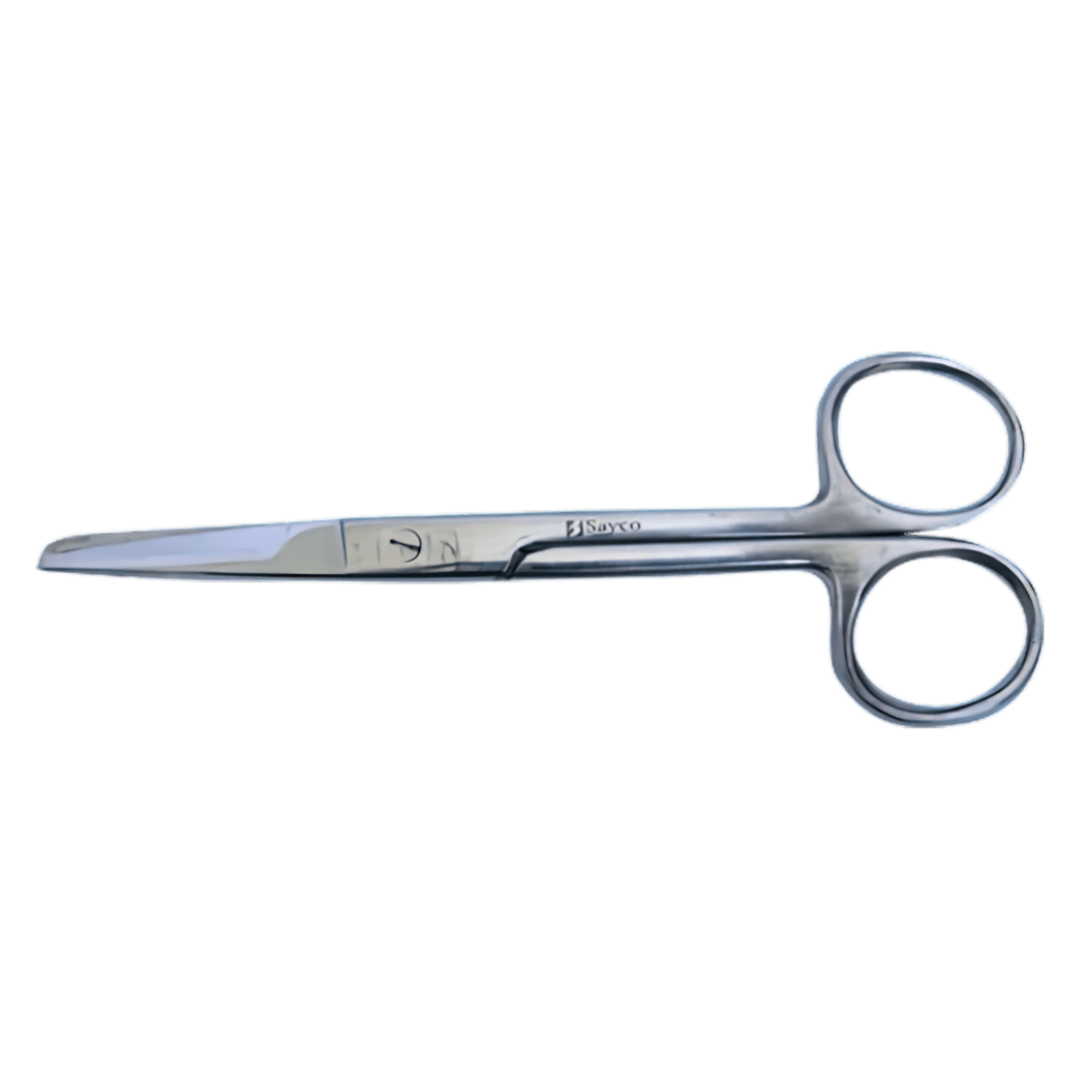 Close-up, isolated view of a single pair of stainless steel medical/operating scissors (Sayco-branded on the blade) with a sharp/blunt tip.
