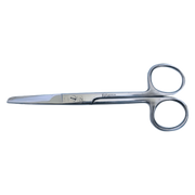 Close-up, isolated view of a single pair of stainless steel medical/operating scissors (Sayco-branded on the blade) with a sharp/blunt tip.