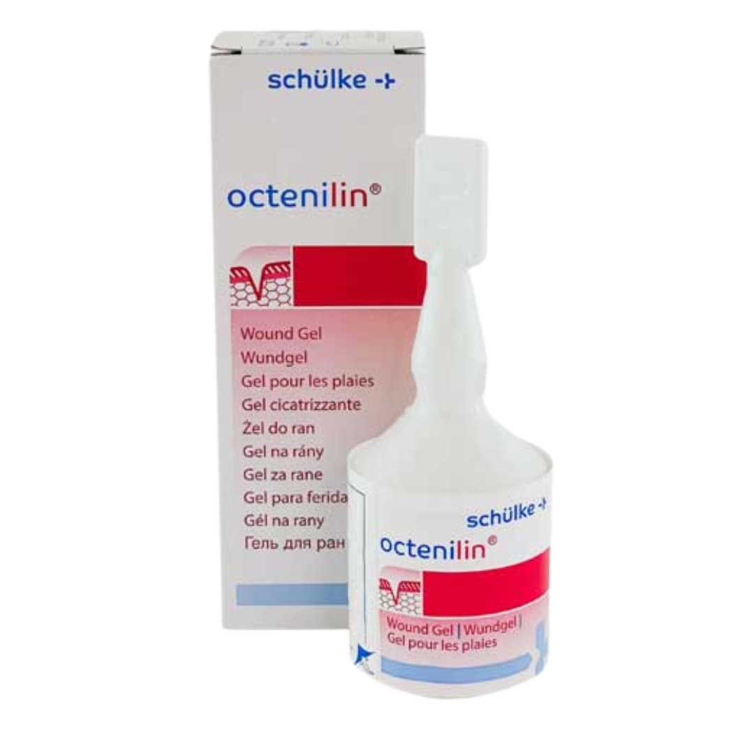 The white Schülke Octenilin Wound Gel 20mL dropper bottle standing in front of its corresponding retail box packaging