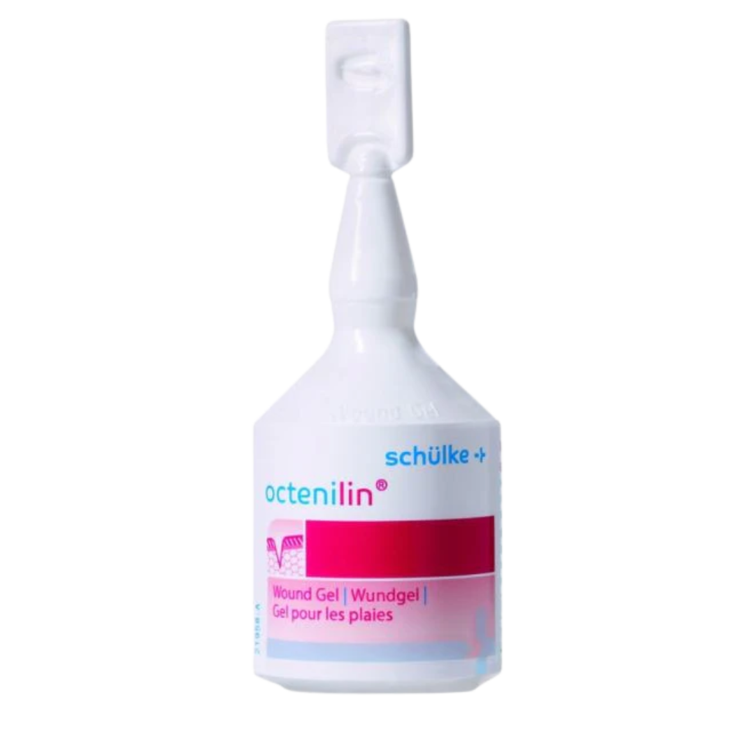 A white 20mL Schülke Octenilin Wound Gel dropper bottle with a bright pink label