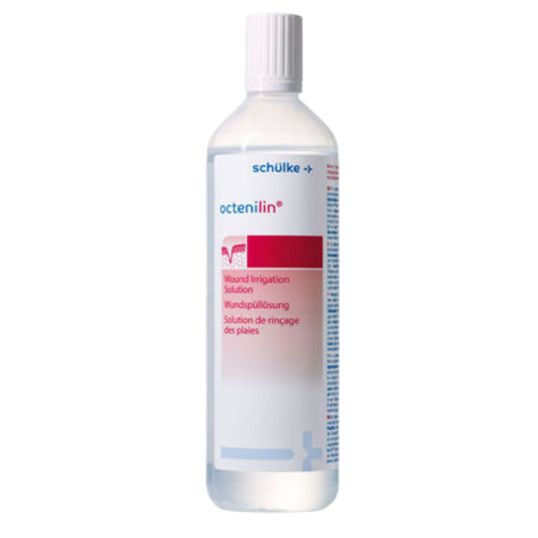A clear plastic 350mL bottle of Schülke Octenilin Wound Irrigation Solution with a white cap and red and white label.