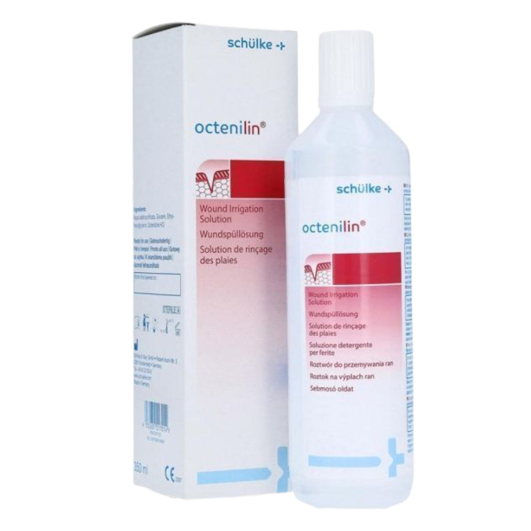 The 350mL bottle of Schülke Octenilin Wound Irrigation Solution standing next to its retail box packaging.