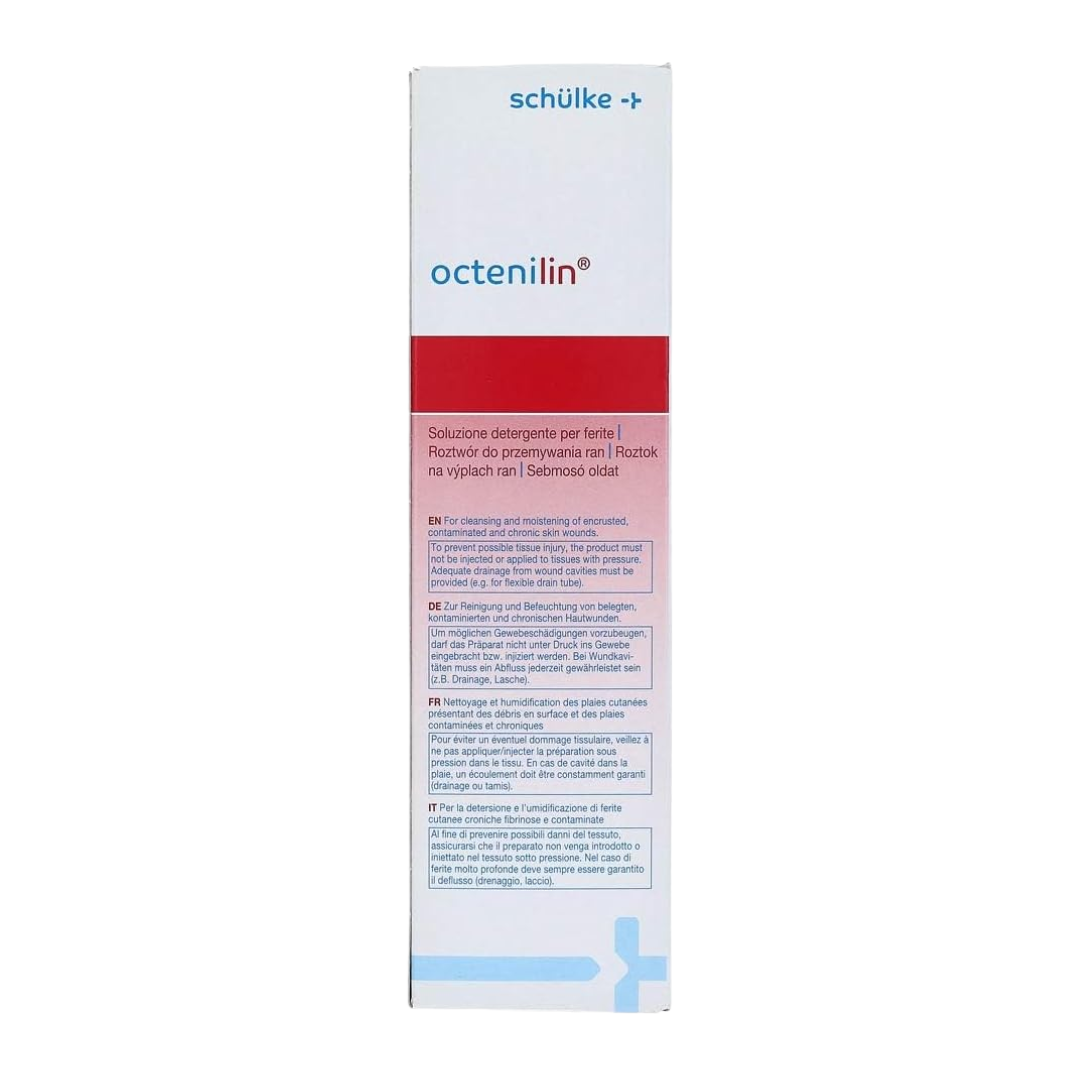 Close-up of the side or back panel of the Schülke Octenilin Wound Irrigation Solution box showing multilingual directions for cleansing and moisturizing.