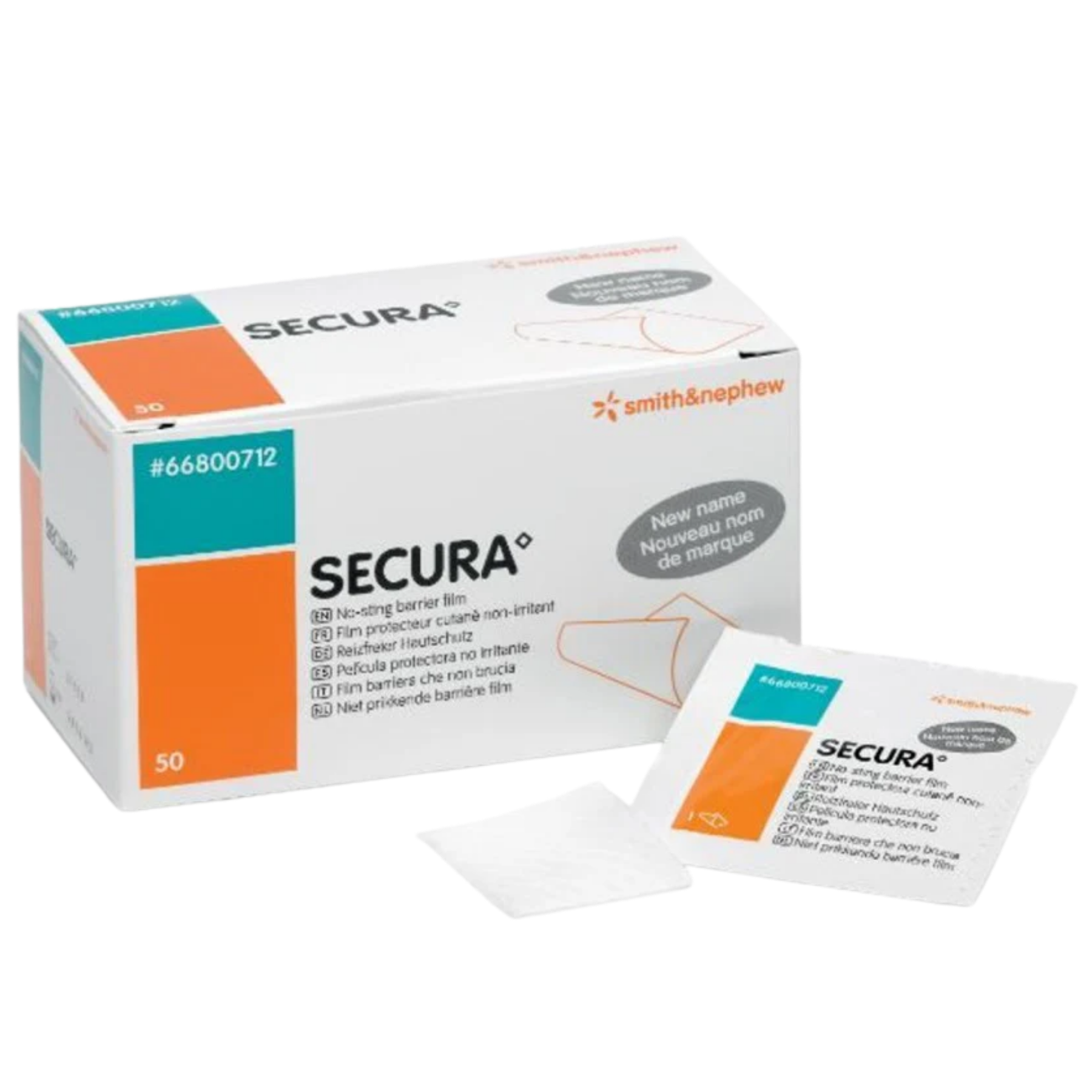 A white and orange box of 50 SECURA no-sting barrier film wipes, product code 66800712, shown with an individual wipe sachet.
