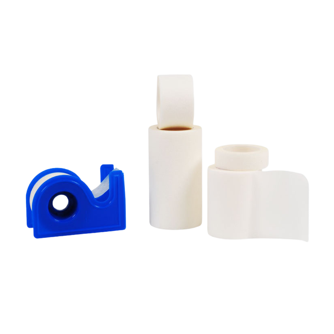 Sentry Medical adhesive tape rolls in white, displayed with a blue plastic tape dispenser. The image includes multiple tape rolls of varying sizes, designed for secure dressing fixation and easy application.
