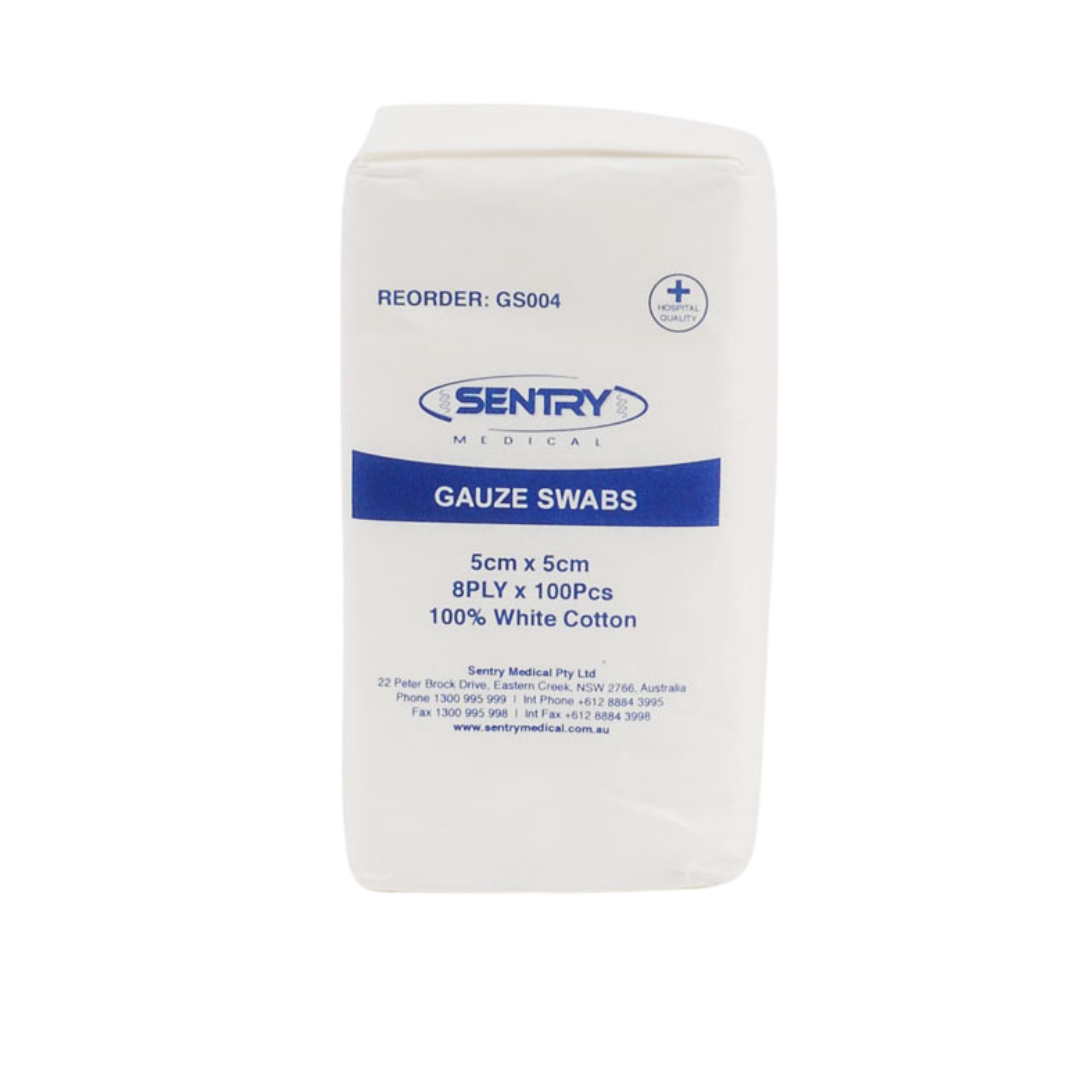 Packaging for Sentry Medical Gauze Swabs, 5cm x 5cm, 8PLY, 100 Pieces, 100% White Cotton, showing the Sentry logo and product details.