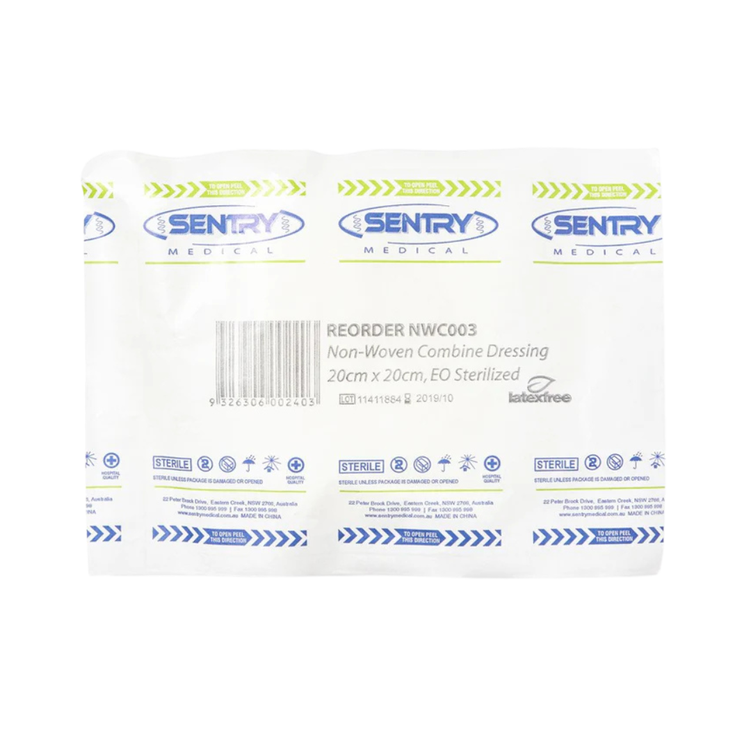 The image shows a Sentry Medical Non-Woven Combine Dressing in sterile packaging. The product is labeled as 20cm x 20cm, EO Sterilized, latex-free, and includes reorder code NWC003. The packaging displays the Sentry Medical logo, barcode, and sterile indicators, designed for wound care and surgical use.
