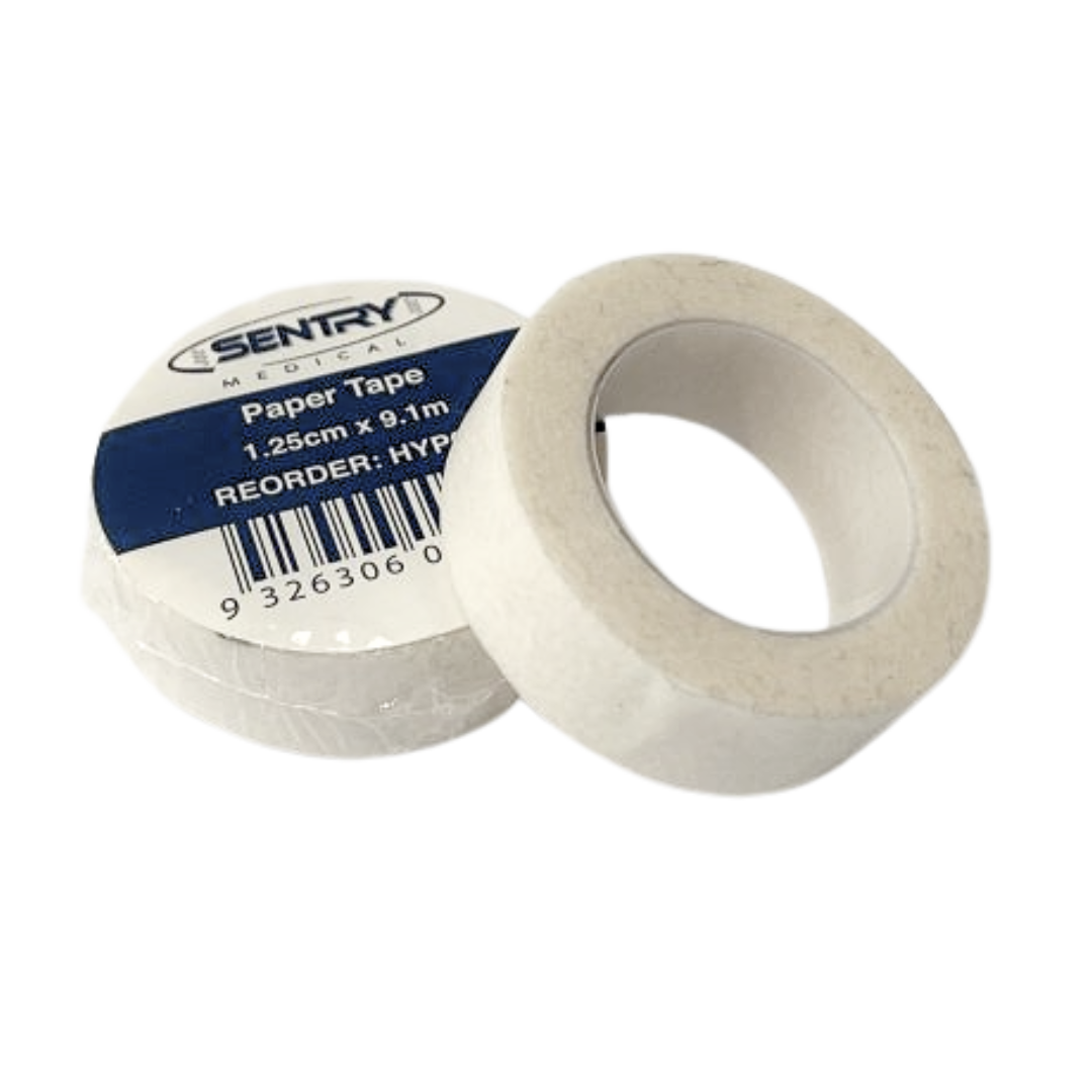 Sentry Medical Paper Tape roll, size 1.25cm x 9.1m, shown with packaging label. The tape is white, lightweight, and designed for gentle adhesion, ideal for securing dressings and medical applications.
