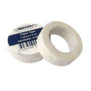 Sentry Medical Paper Tape roll, size 1.25cm x 9.1m, shown with packaging label. The tape is white, lightweight, and designed for gentle adhesion, ideal for securing dressings and medical applications.
