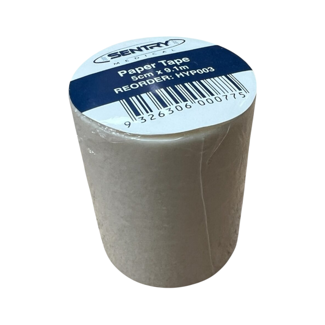 Sentry Medical Paper Tape roll, size 5cm x 9.1m, shown with product label and barcode. Designed for gentle adhesion, ideal for securing dressings and medical applications.
