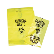 Two yellow clinical waste disposal bags with black biohazard symbols and text "Clinical Waste," used for hazardous waste management in hospitals and clinics.
