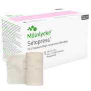Setopress compression bandage showing the box packaging and an upright relaxed roll with visual application indicators.