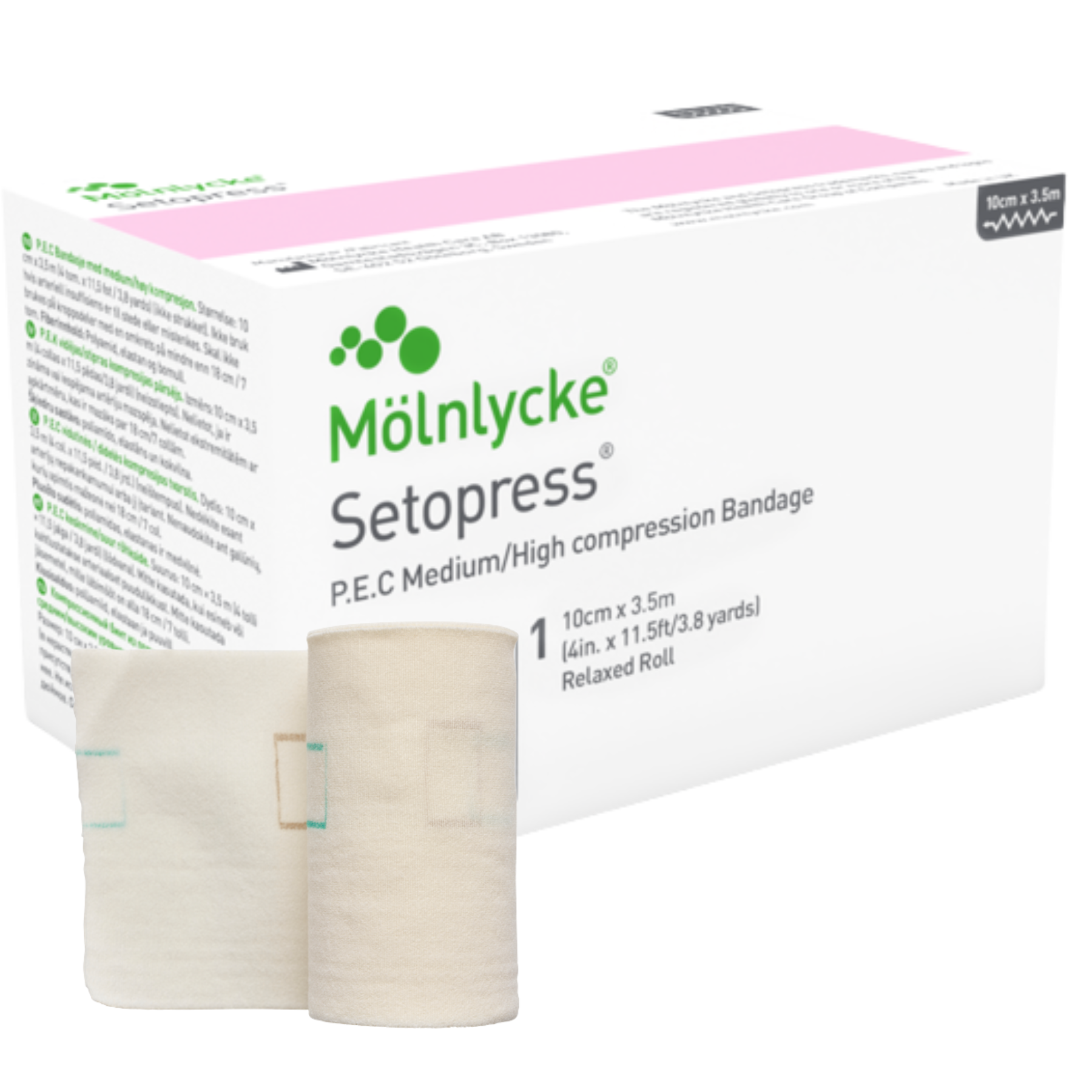 Setopress compression bandage showing the box packaging and an upright relaxed roll with visual application indicators.