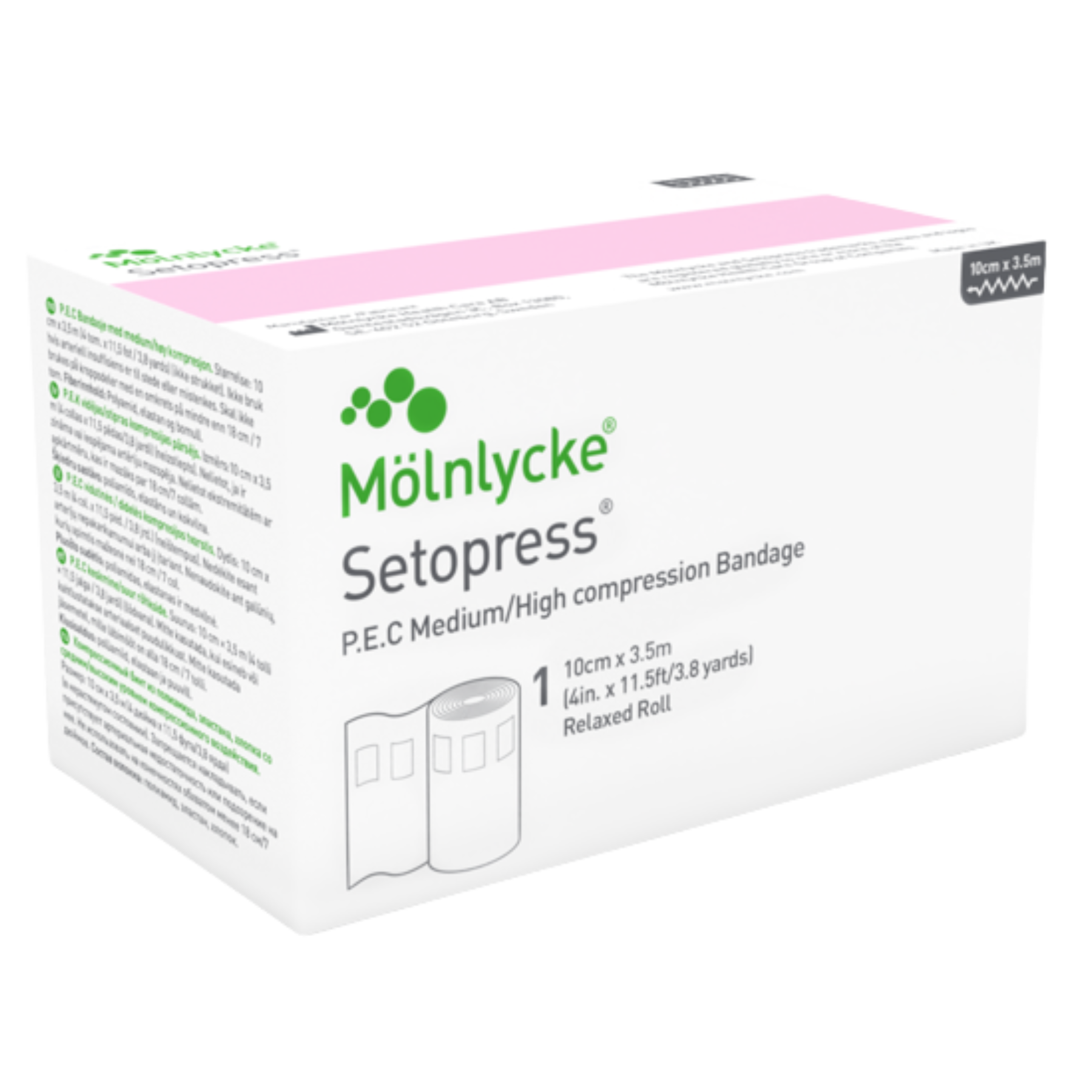 Packaging for Mölnlycke Setopress P.E.C. Medium/High compression bandage, size 10cm x 3.5m.