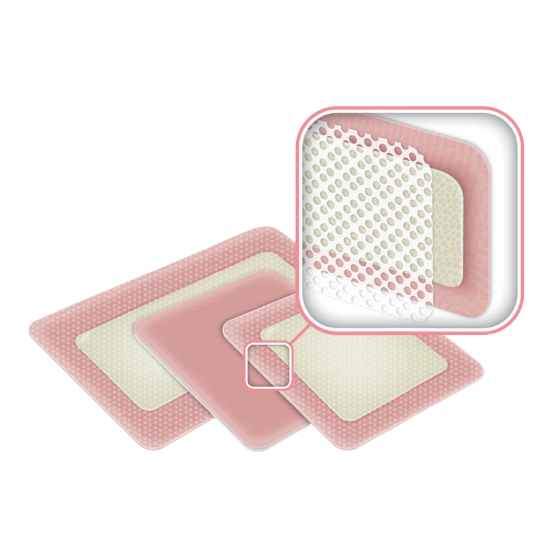 A visual breakdown showing the multiple layers of a pink silicone foam wound dressing, including a perforated contact layer.