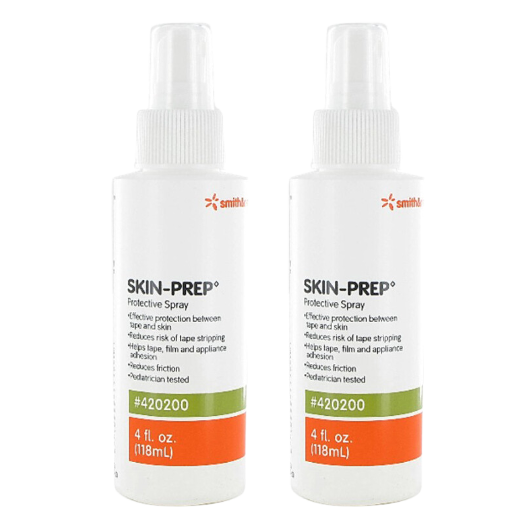 Two bottles of Smith & Nephew Skin-Prep Protective Spray, 118mL each. Features include pediatric testing and CHG compatibility for safe skin barrier application.