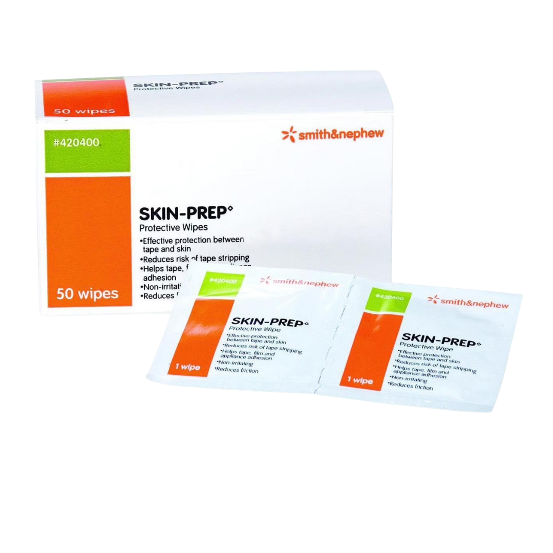 Skin-Prep Protective Wipes 50-count box shown next to a 4 fl. oz. (118mL) Skin-Prep Protective Spray bottle for comprehensive skin barrier protection.