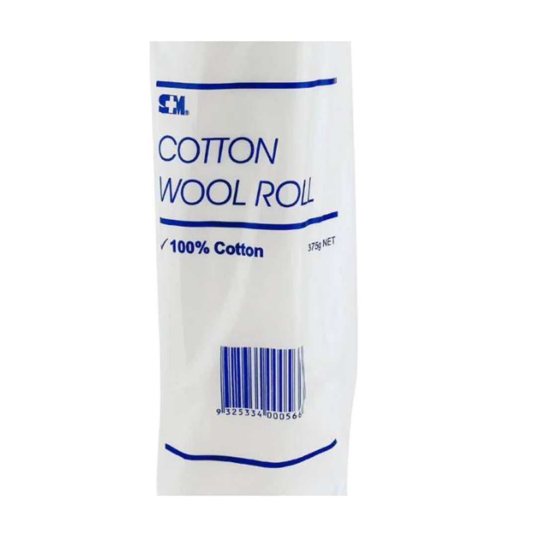 Single S+M Cotton Wool Roll, 375g, 100% cotton, white packaging with blue text and barcode
