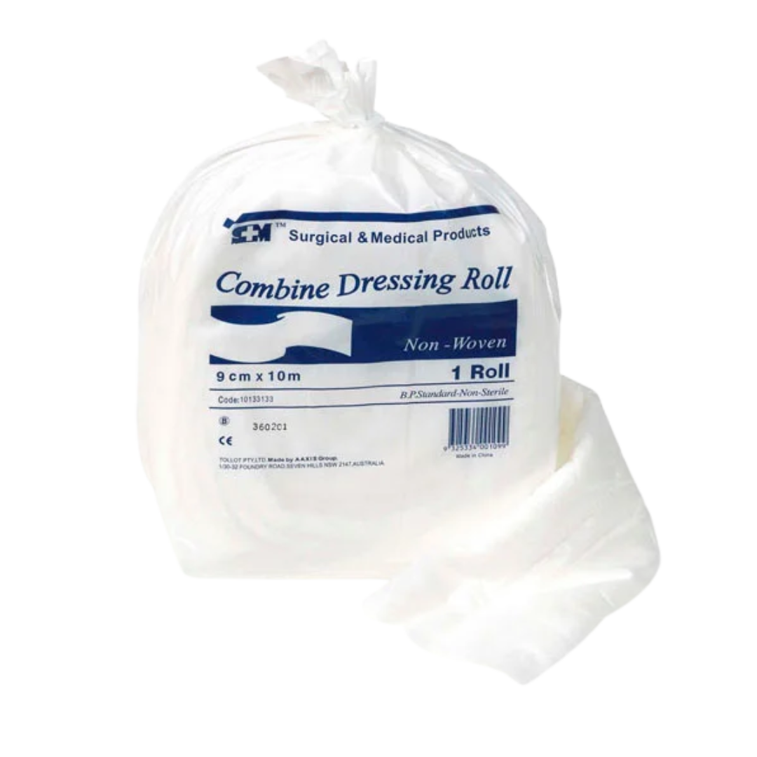 Single clear plastic bag of S+M Surgical & Medical Products Non-Woven Combine Dressing Roll, $9 \text{ cm} \times 10 \text{ m}$ size, showing the product label and a piece of the roll pulled out.