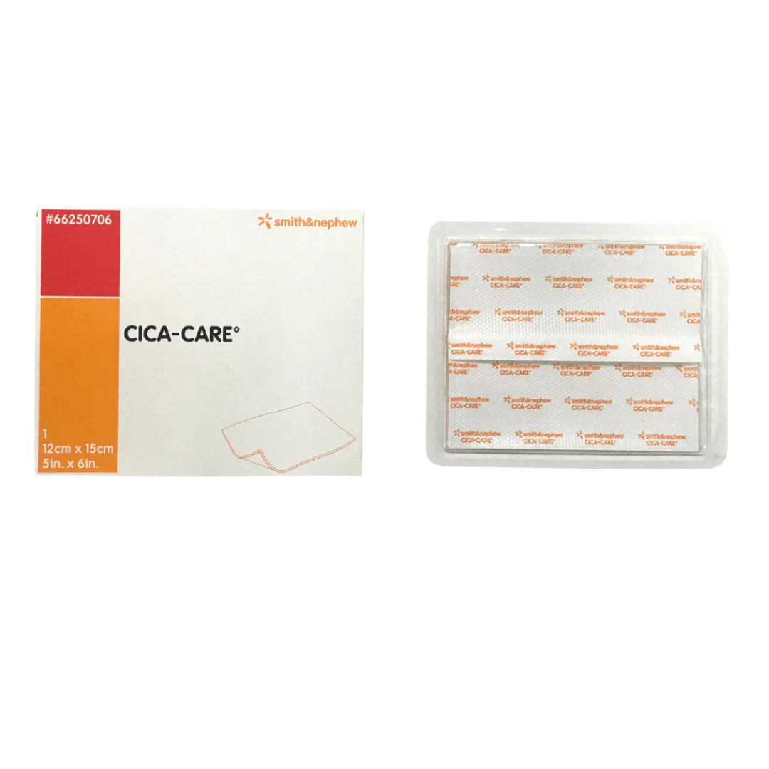 A box and sterile blister pack of Smith & Nephew CICA-CARE adhesive silicone gel sheet, measuring 12cm x 15cm (5in. x 6in.), designed for the treatment and prevention of scars.