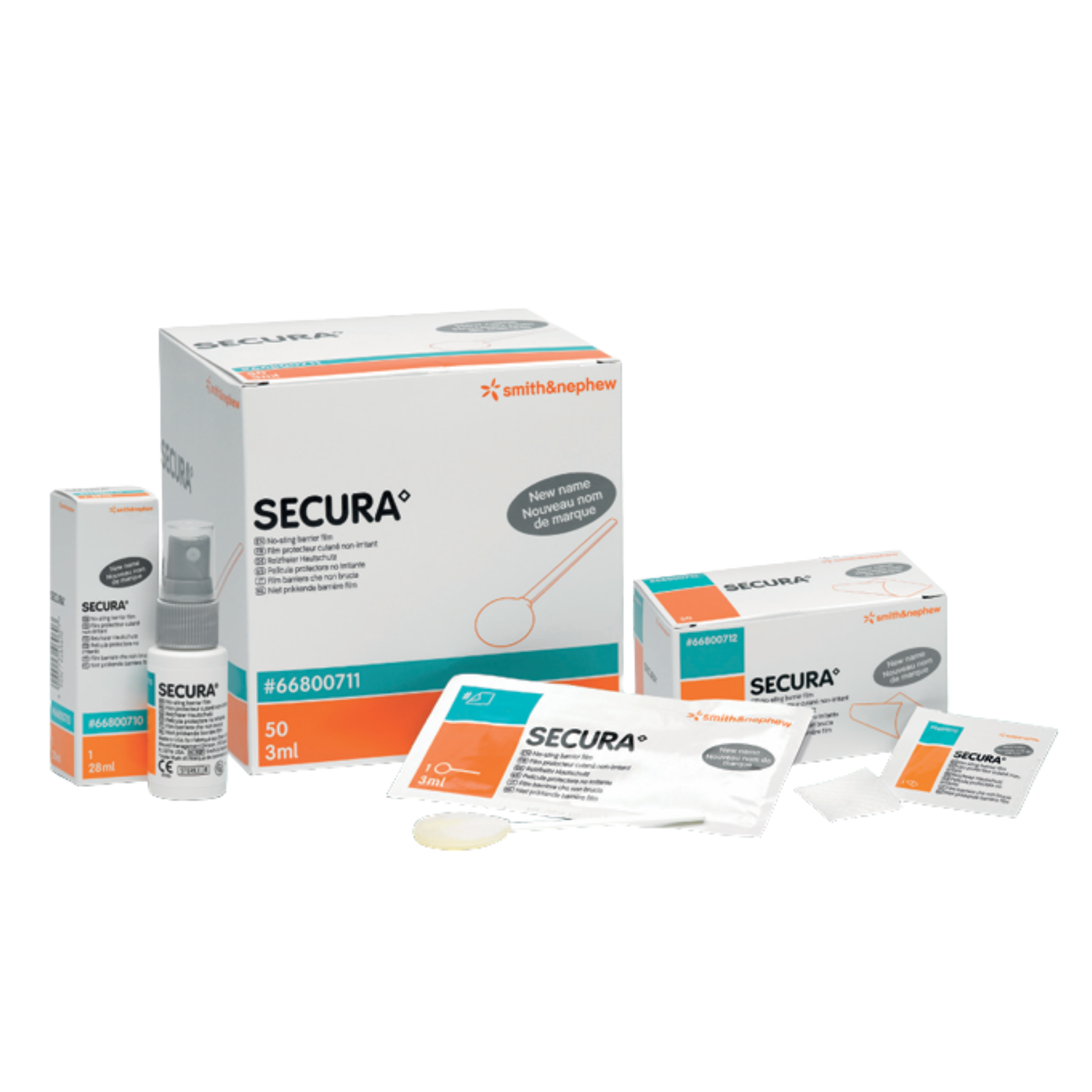 A collection of Smith & Nephew SECURA no-sting barrier film products, including a 28ml spray bottle, a box of 50 foam applicators (3ml), and a box of 50 individual wipes.