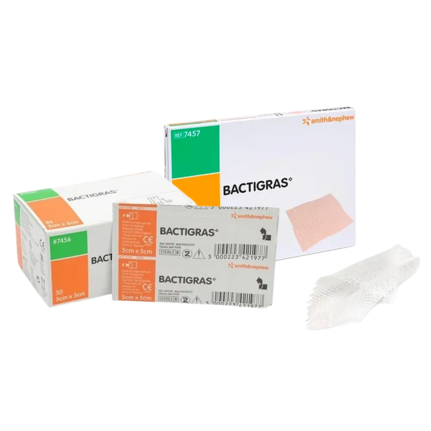 A collection of BACTIGRAS Chlorhexidine acetate medicated paraffin gauze dressings, showing both 5cm x 5cm and 10cm x 10cm boxes alongside a single sterile sachet and the mesh gauze texture.