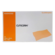 Front view of a white and orange box of Smith & Nephew Cuticerin low adherent dressings, size 20cm x 40cm, containing 25 pieces.
