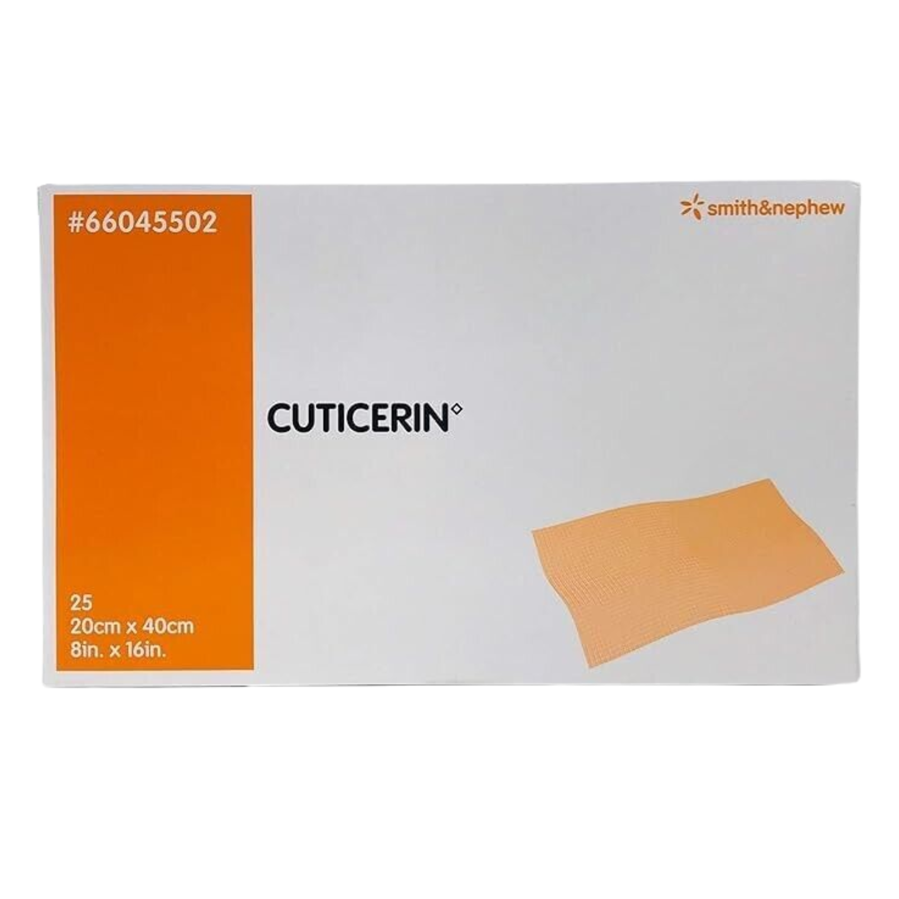 Front view of a white and orange box of Smith & Nephew Cuticerin low adherent dressings, size 20cm x 40cm, containing 25 pieces.