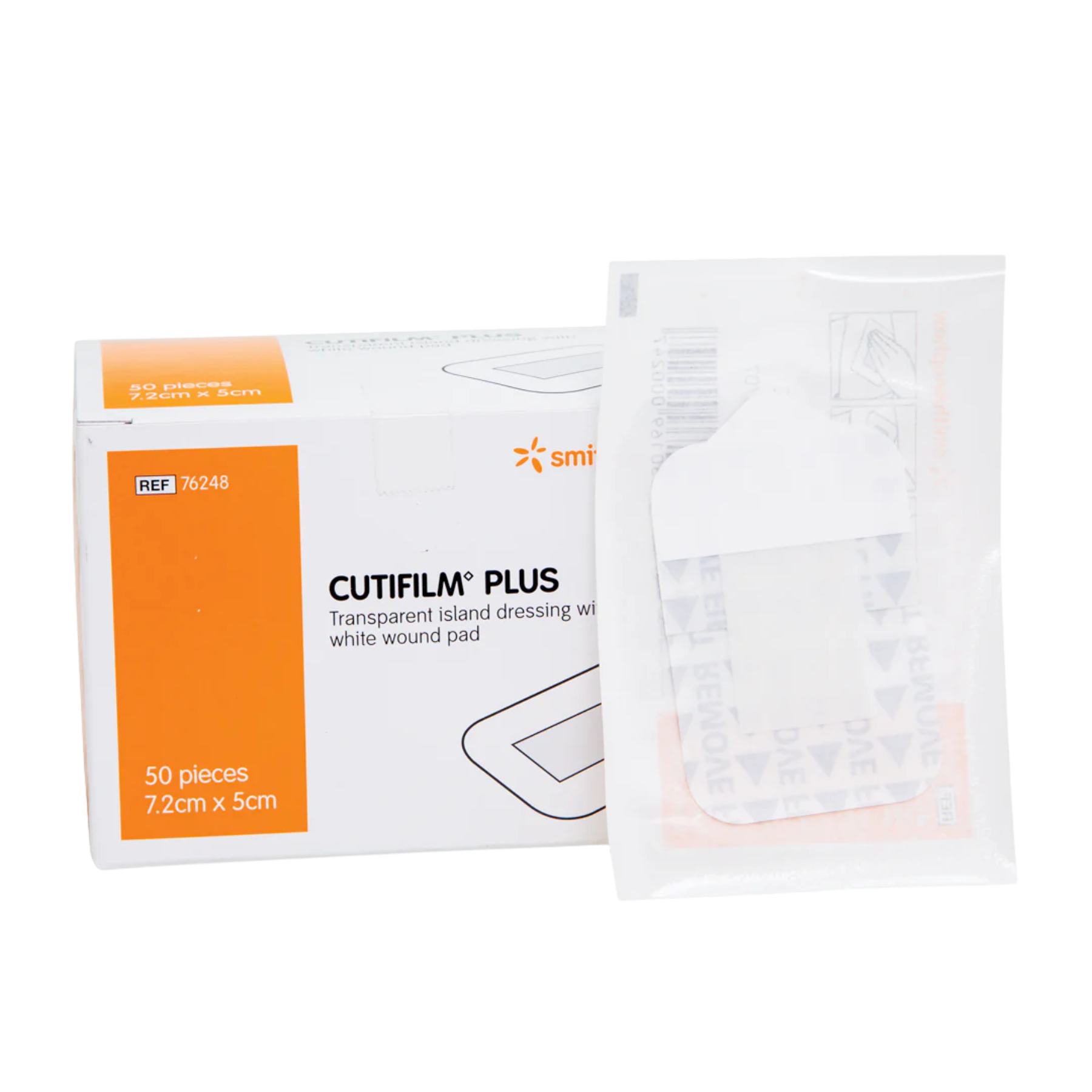 A box containing 50 pieces of Smith & Nephew Cutifilm Plus transparent island dressings, size 7.2cm x 5cm, shown next to an individual sterile dressing in its transparent peel-pouch.