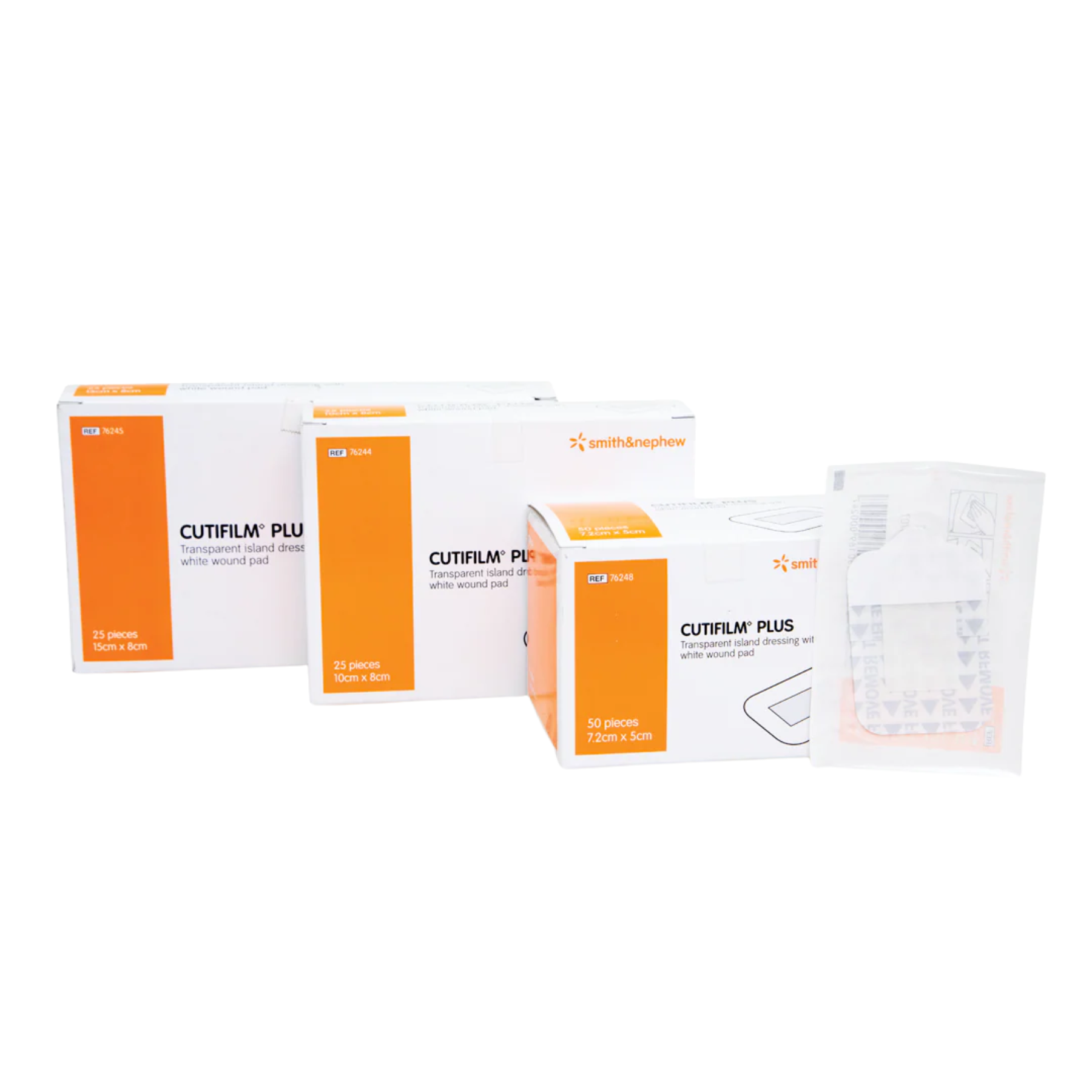 Three boxes of Smith & Nephew Cutifilm Plus transparent island dressings in various sizes (15cm x 8cm, 10cm x 8cm, and 7.2cm x 5cm) displayed with an individual sterile pouch.
