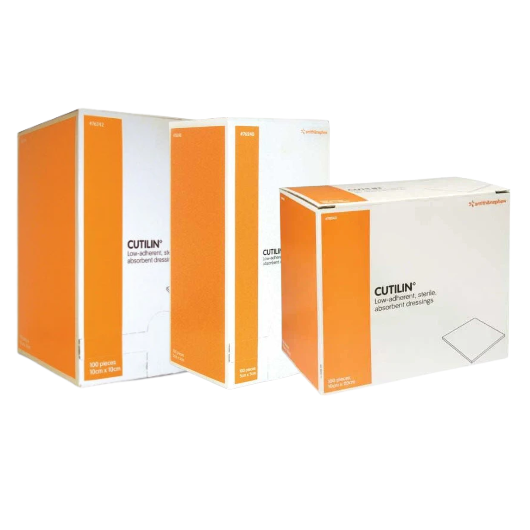 Three orange and white boxes of Smith & Nephew CUTILIN low-adherent sterile absorbent dressings in various sizes (5cm x 5cm, 10cm x 10cm, and 10cm x 20cm).
