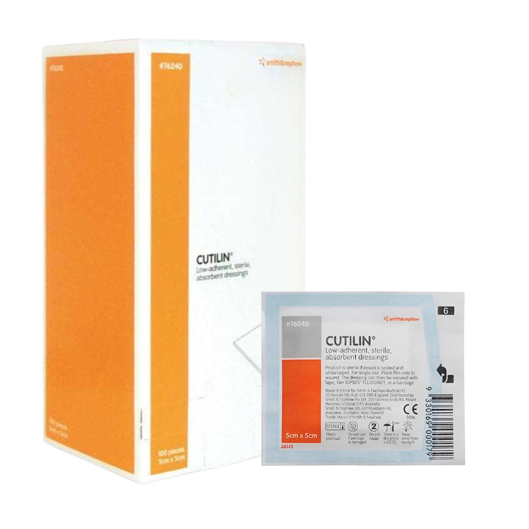 A box and an individual sterile pouch of Smith & Nephew CUTILIN low-adherent dressings, size 5cm x 5cm, containing 100 pieces.