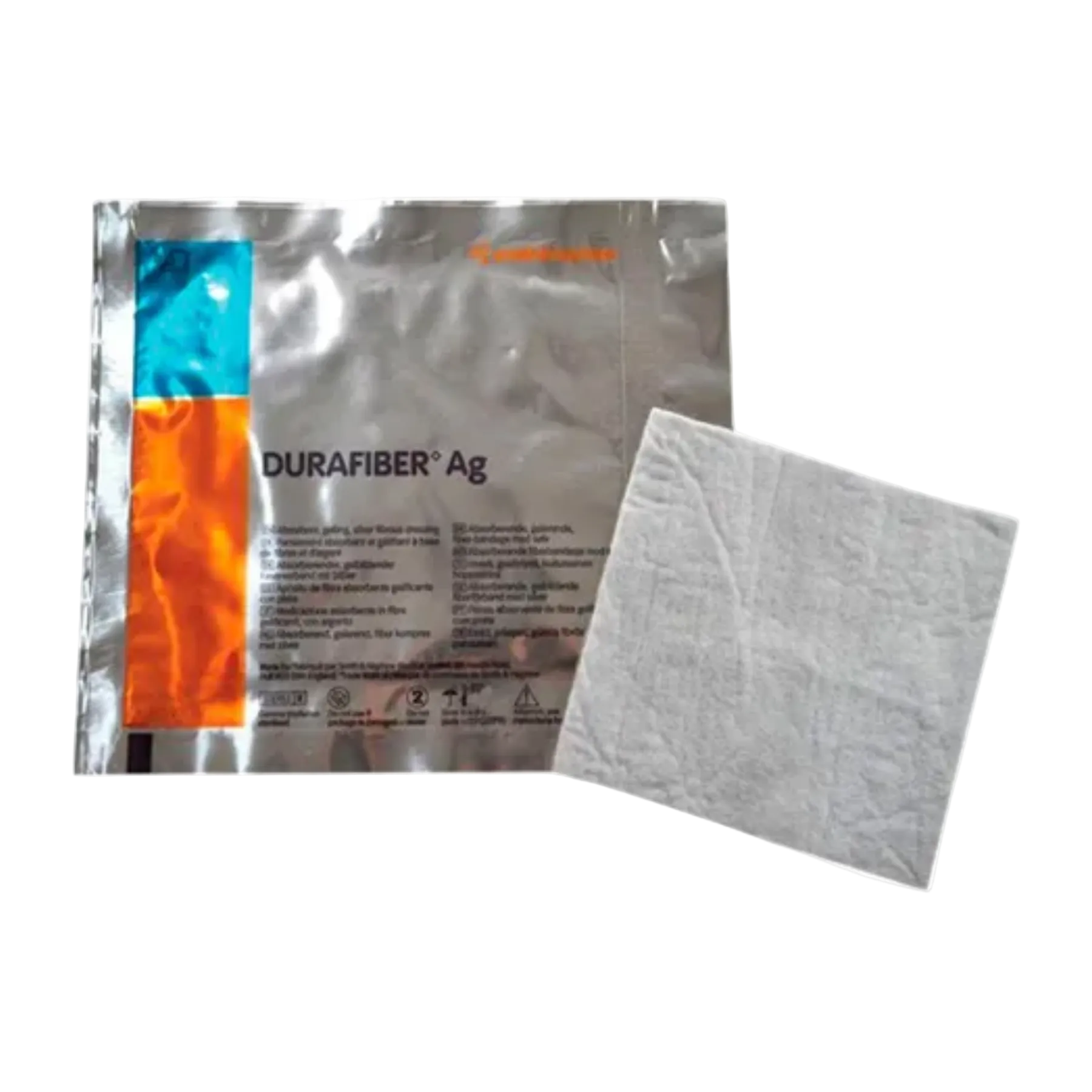 A single sterile foil sachet and an unfolded square DURAFIBER Ag silver antimicrobial absorbent gelling fiber dressing.