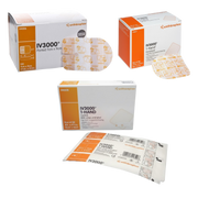 A collection of Smith & Nephew IV3000 transparent dressings in various sizes, including 1-Hand Central, Peripheral, and Ported options for clinical wound care.