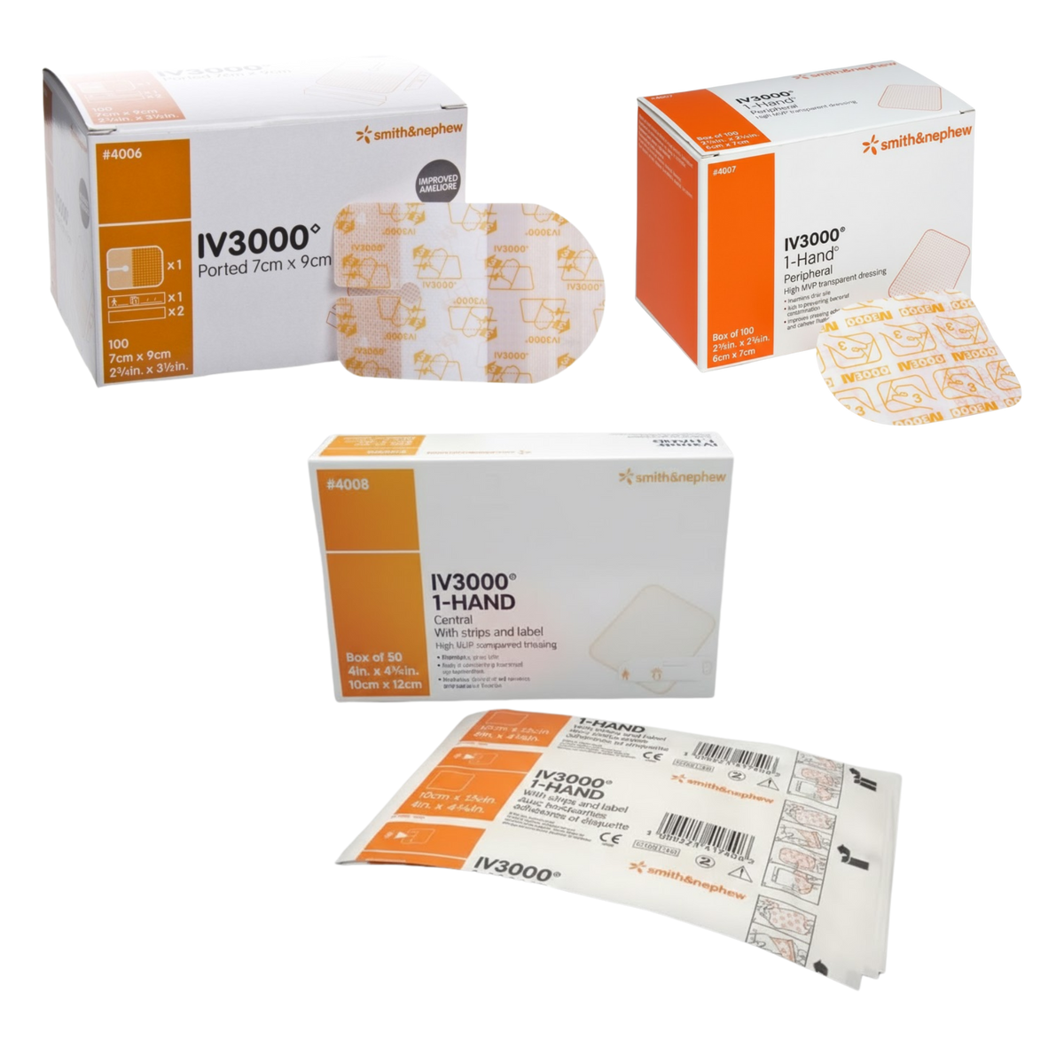 Smith & Nephew IV3000 1-Hand Central transparent dressing box (10cm x 12cm) with sterile individual packaging, designed for catheter site protection.