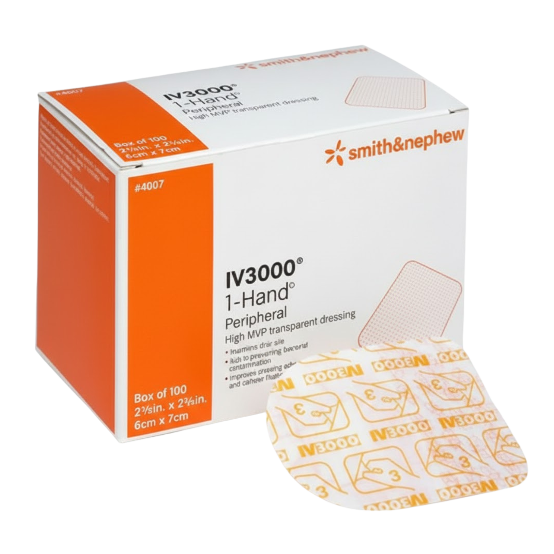 A box of 100 Smith & Nephew IV3000 1-Hand Peripheral transparent dressings, showing the patterned adhesive film for moisture vapor transmission.