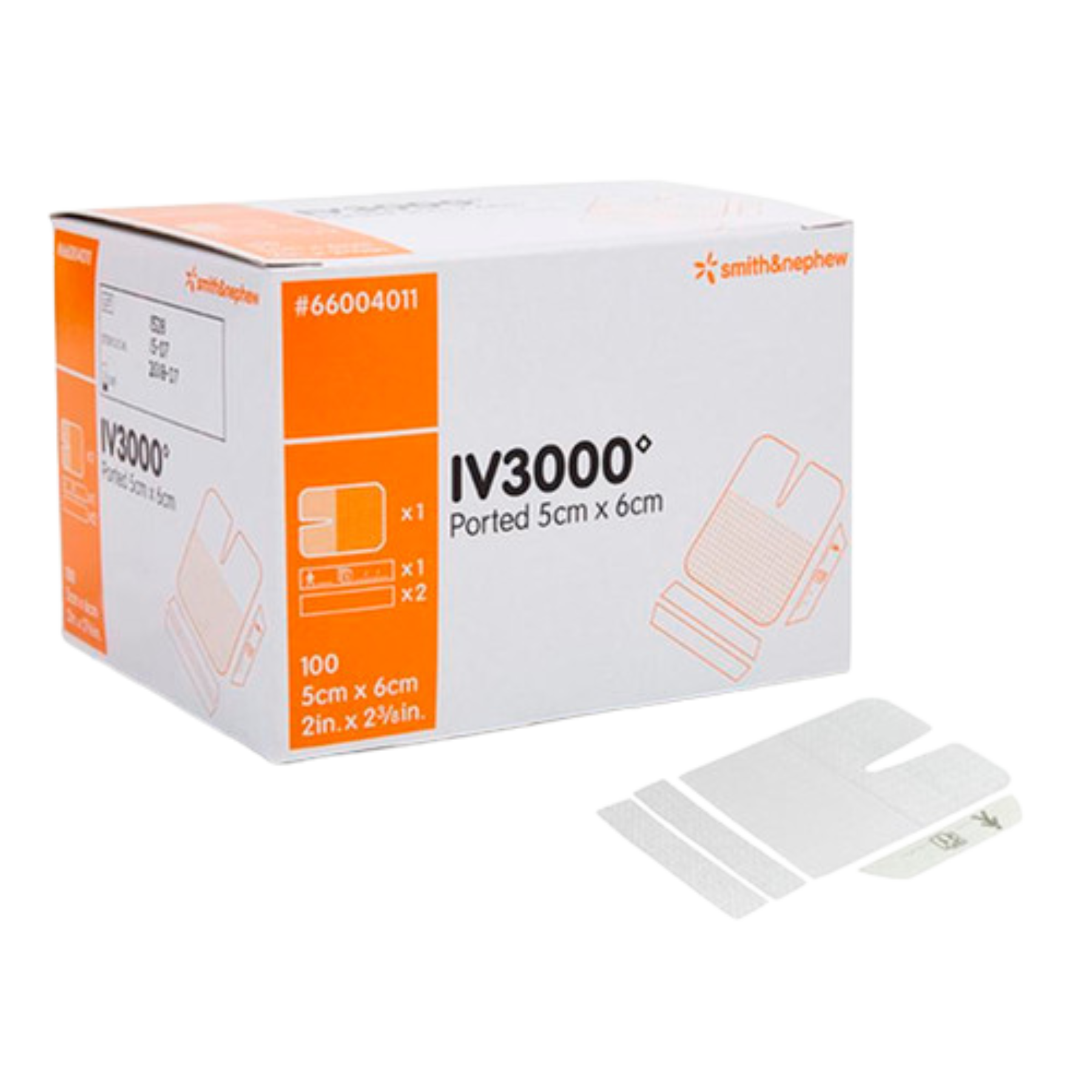 A box and single transparent film dressing of Smith & Nephew IV3000 Ported, size 5cm x 6cm, designed for IV catheter securement.