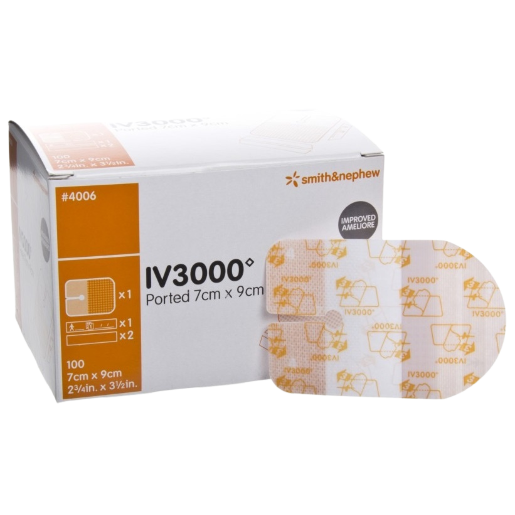 Smith & Nephew IV3000 Ported transparent dressing (7cm x 9cm) for peripheral line fixation, featuring an "Improved Ameliore" moisture-responsive film.