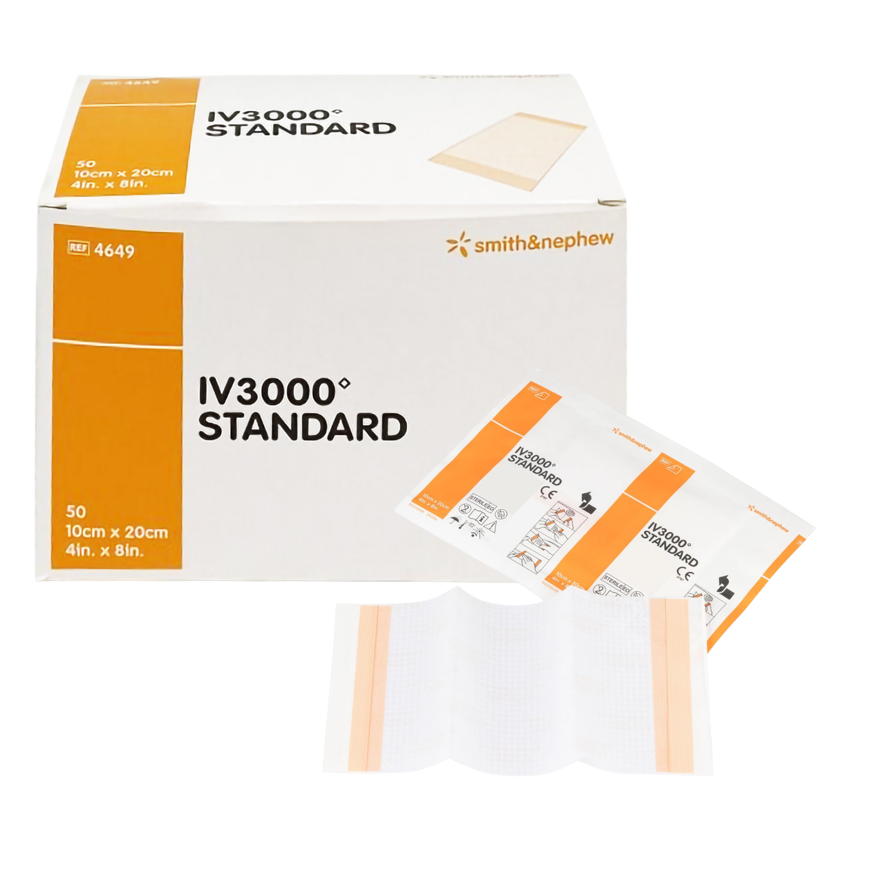 A box of Smith & Nephew IV3000 Standard dressings with an individual sterile packet and a unfolded 10x20cm transparent moisture-responsive film dressing.