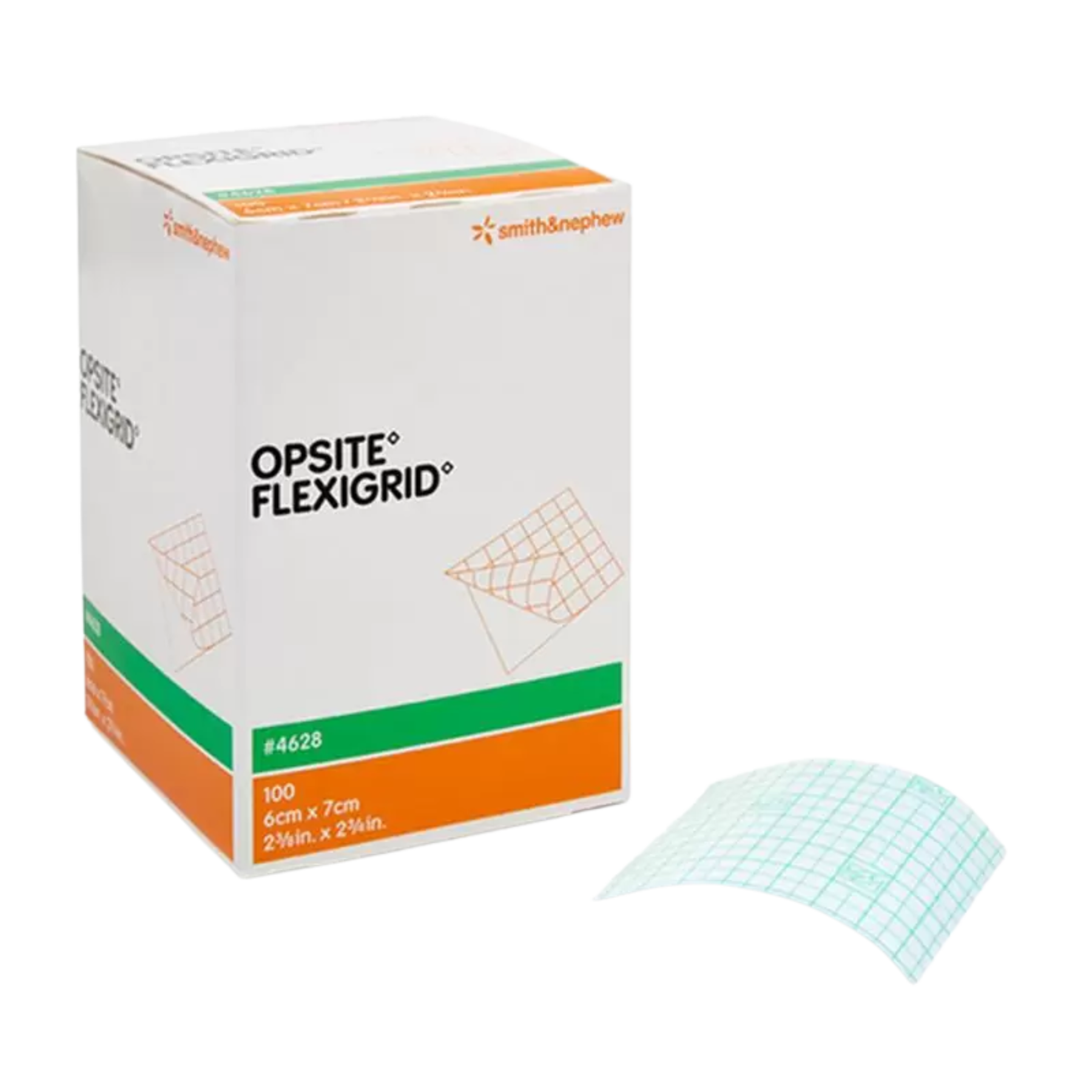 A box of 100 Smith & Nephew Opsite Flexigrid 6cm x 7cm transparent film dressings featuring a green measurement grid for wound monitoring.