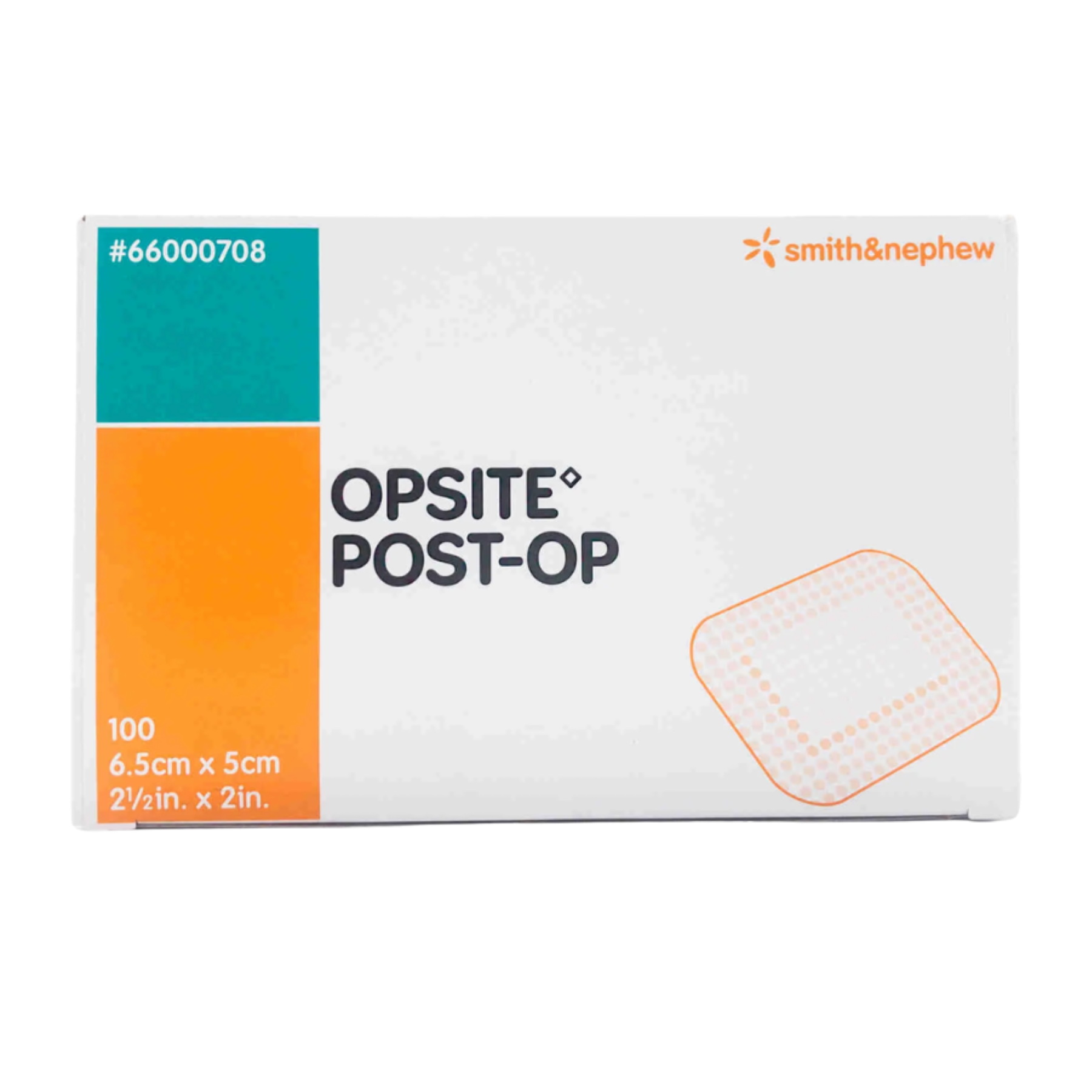 Front view of a white and orange box for Smith & Nephew OPSITE POST-OP waterproof dressings, size 6.5cm x 5.0cm, containing 100 sterile units.