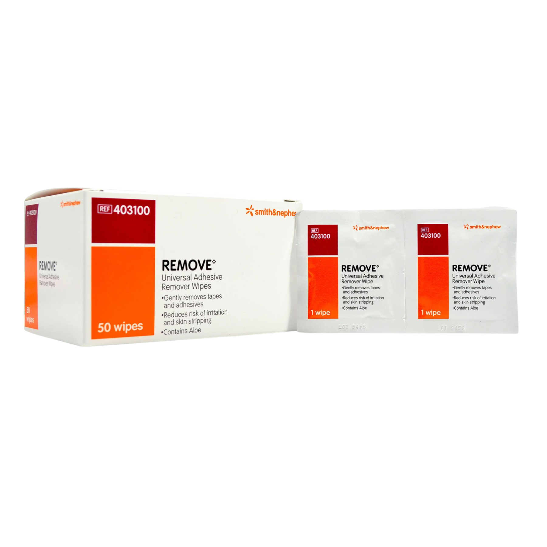 A box of 50 Smith & Nephew REMOVE Universal Adhesive Remover Wipes shown alongside two individually wrapped sterile wipes. The packaging highlights that the product contains Aloe and reduces the risk of skin stripping.