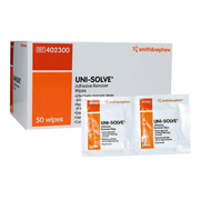 A retail box of Smith & Nephew UNI-SOLVE Adhesive Remover Wipes containing 50 individual sachets.