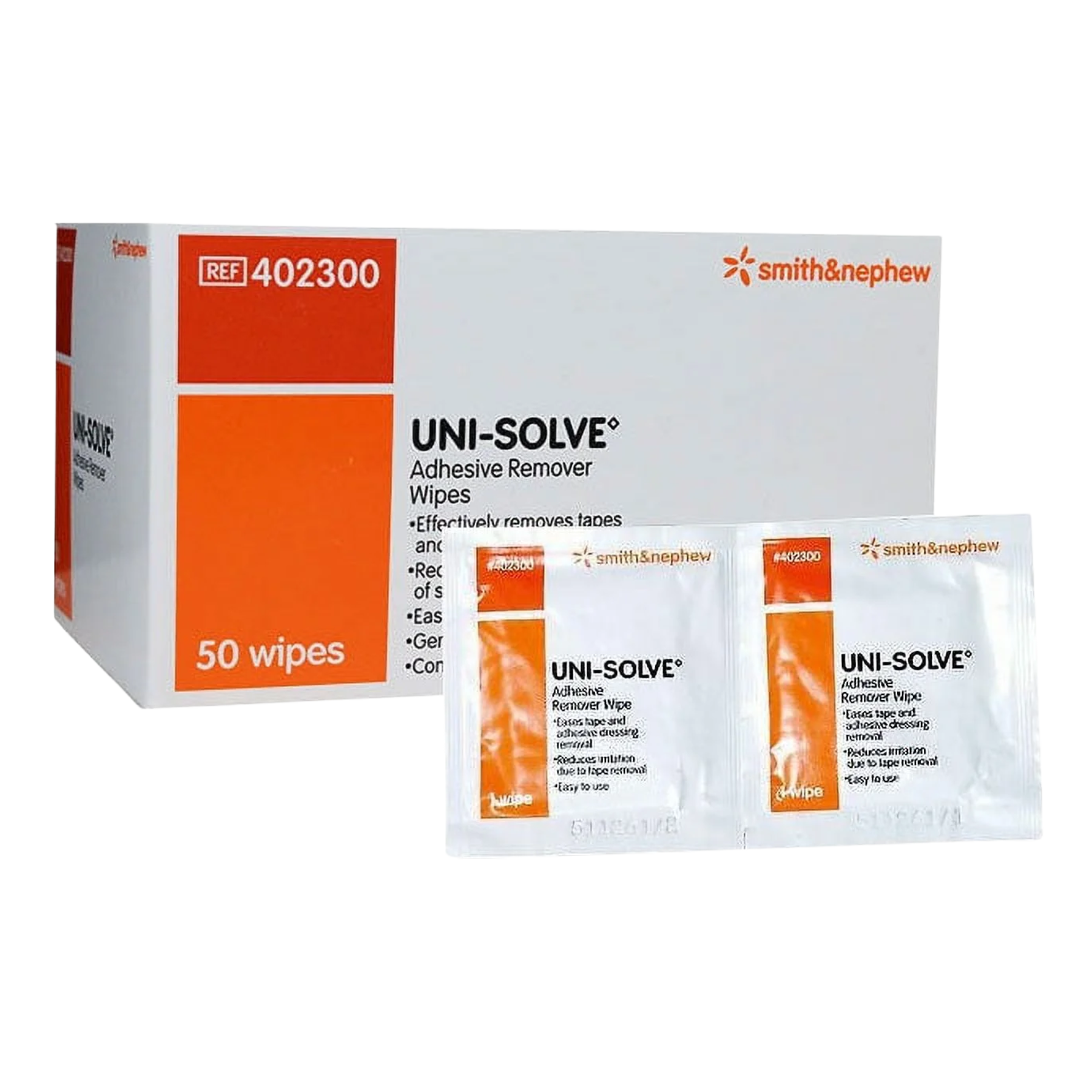 A retail box of Smith & Nephew UNI-SOLVE Adhesive Remover Wipes containing 50 individual sachets.