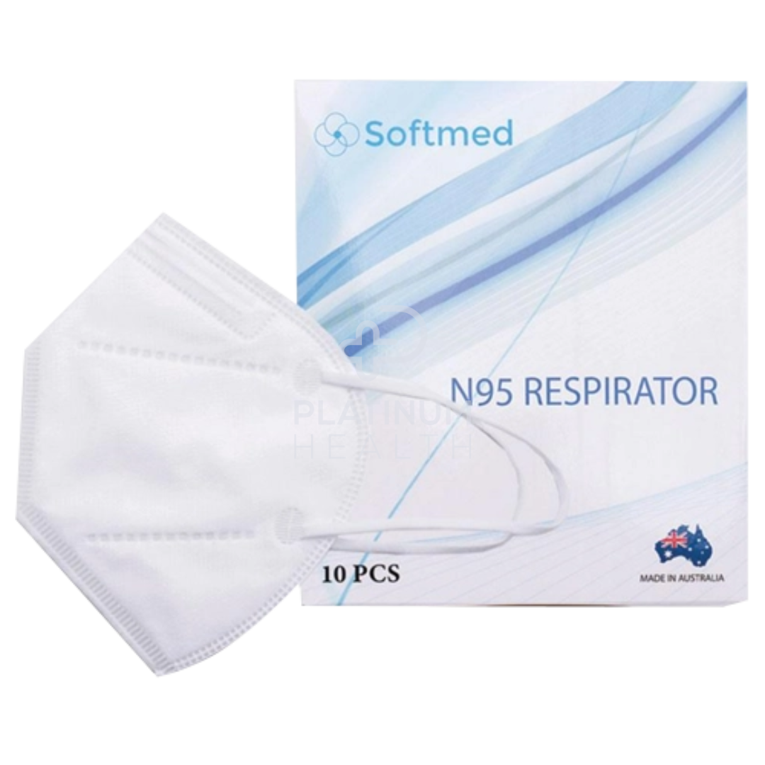 Packaging and a white flat fold N95 respirator mask with elastic ear loops, made in Australia.