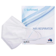 Packaging and a white flat fold N95 respirator mask with elastic ear loops, made in Australia.