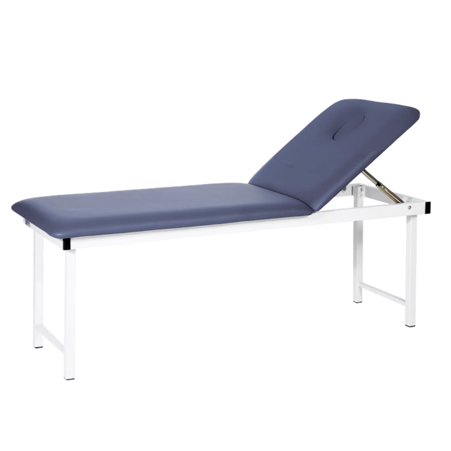Stationary medical treatment couch in navy blue with an adjustable head section and integrated face hole