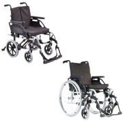 A three-quarter view product shot of the Sunrise Medical Breezy BasiX 2 Half Folding Wheelchair, configured as an attendant-propelled transit model. The wheelchair features small, solid black rear wheels and matching small front caster wheels, designed for a caregiver to push. It includes a durable silver metal frame, a dark gray padded fabric seat and backrest, and padded armrests. The bottom features swing-away footrests with integrated footplates and a black heel loop strap. The wheelchair is isolated ag