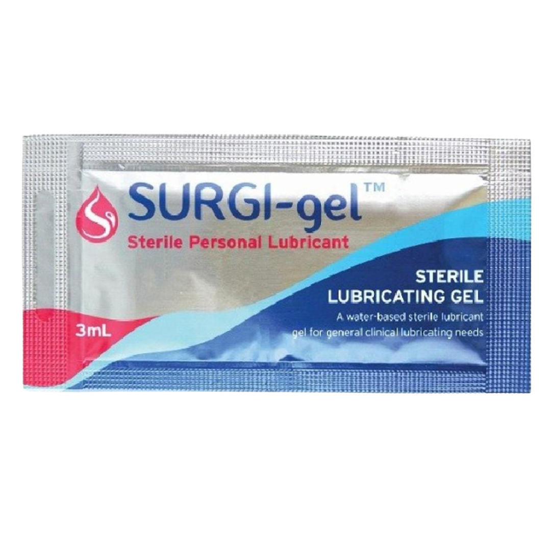 Close-up of a single SURGI-gel Sterile Personal Lubricant 3mL sachet, highlighting the sterile lubricating gel and water-based nature.