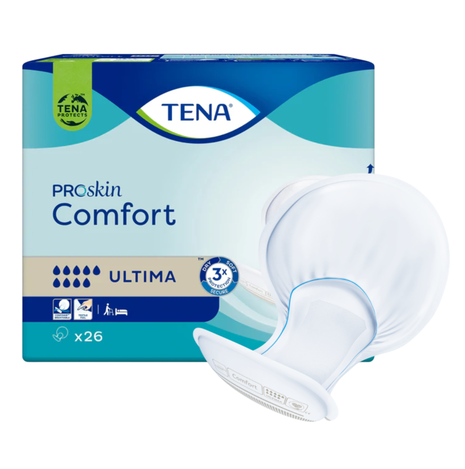 An open TENA ProSkin Comfort Ultima shaped pad showing its bowl-shaped design and blue leak-protection borders.